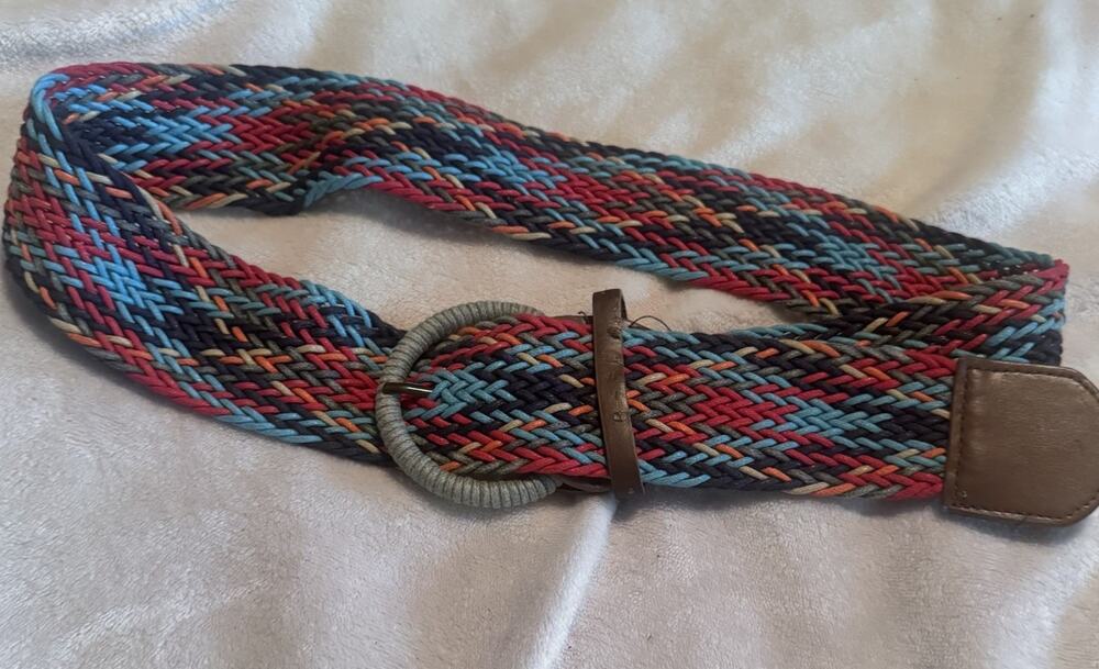 Vintage Womens Braided Belt Woven Turquoise Red Grey Colorful Sz L Wide Western‎